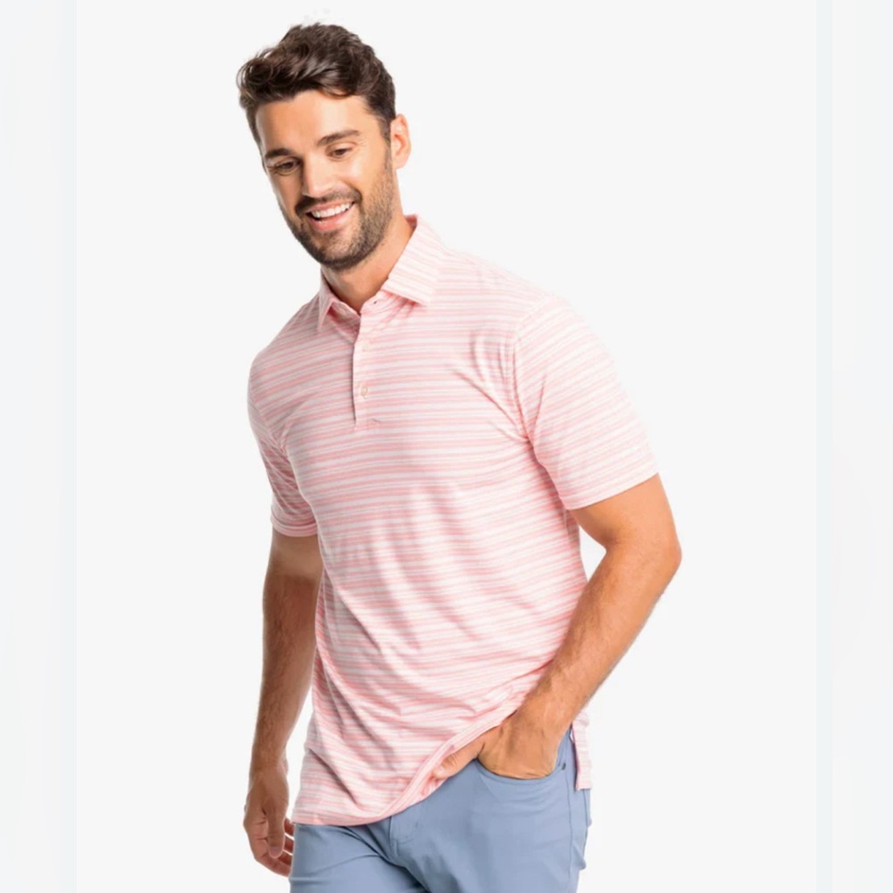 SOUTHERN TIDE MEN'S RYDER BOMBAY STRIPE PERFORMANCE POLO / HEATHER FLAMINGO PINK